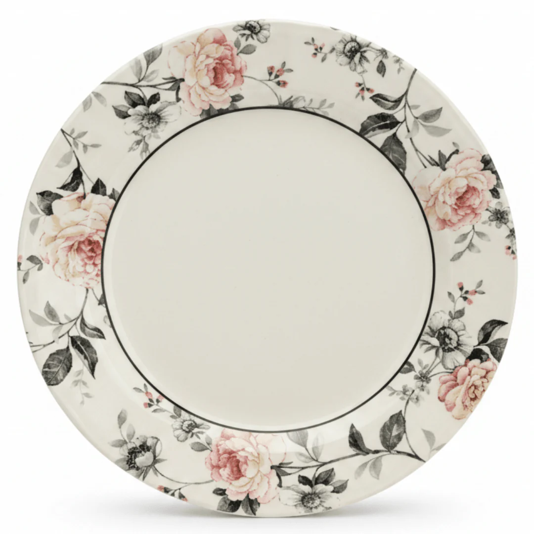 Claytan Off-White Round Ceramic Dinner Plate with Floral Design - 10.2 Inch