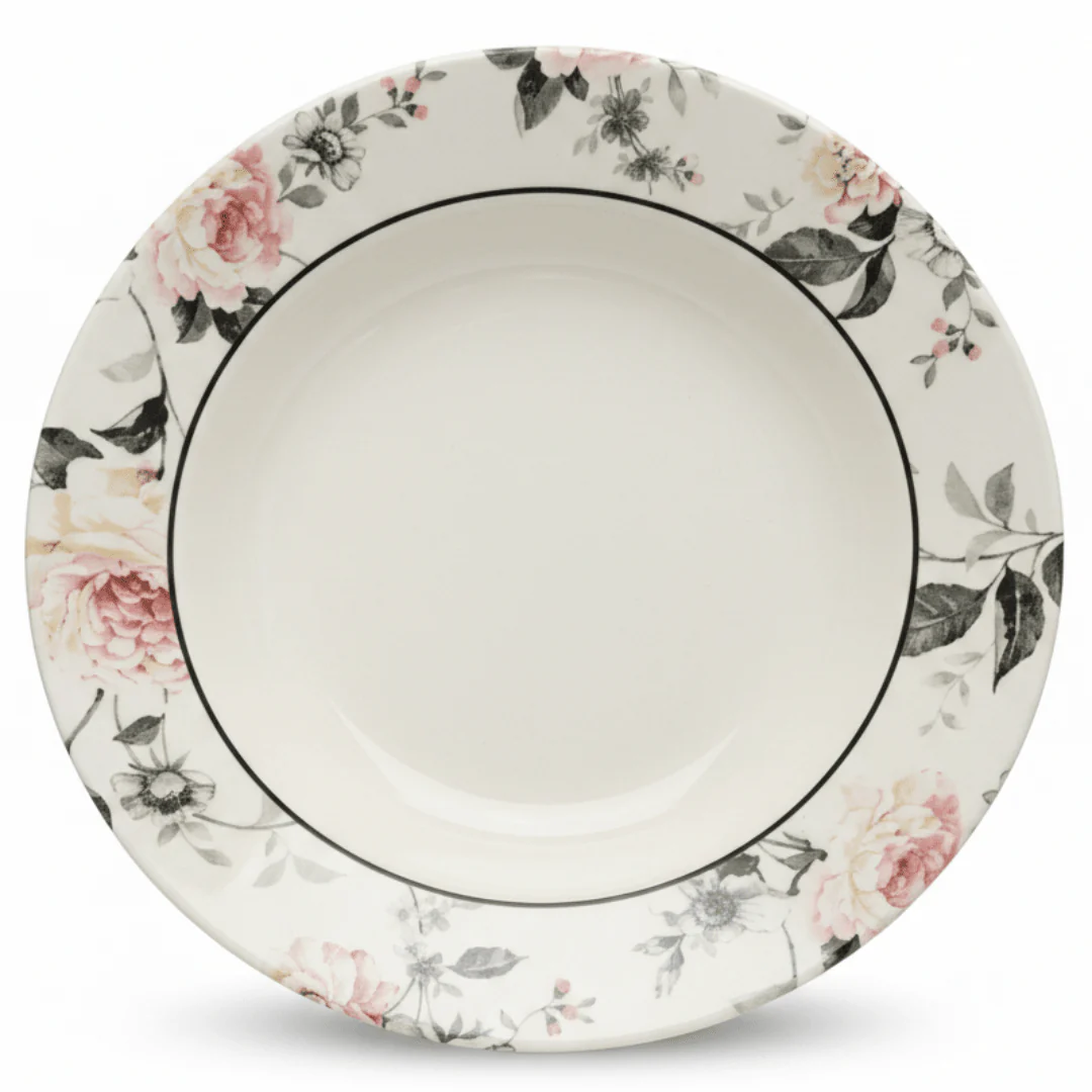 Claytan Off-White Round Ceramic Soup Plate with Floral Design - 9.2 Inch
