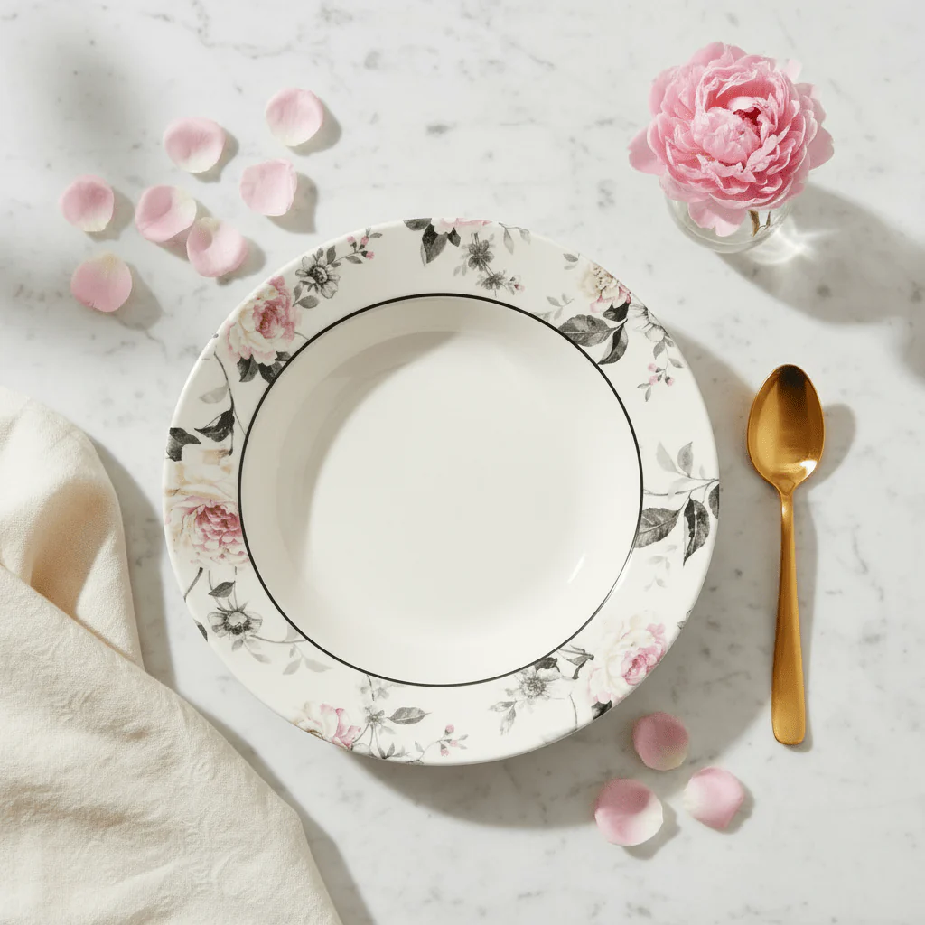 Claytan Off-White Round Ceramic Soup Plate with Floral Design - 9.2 Inch - Image 3
