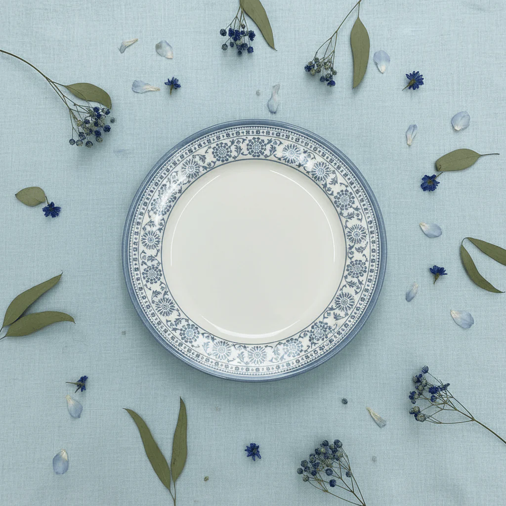 Claytan White Round Ceramic Dinner Plate with Light Blue Floral Design - 10.5 Inch - Image 4