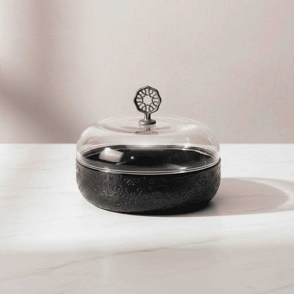 Otantik Nourhan Luxury Date Bowl with Glass Dome – Small (9" Stainless Steel) Black