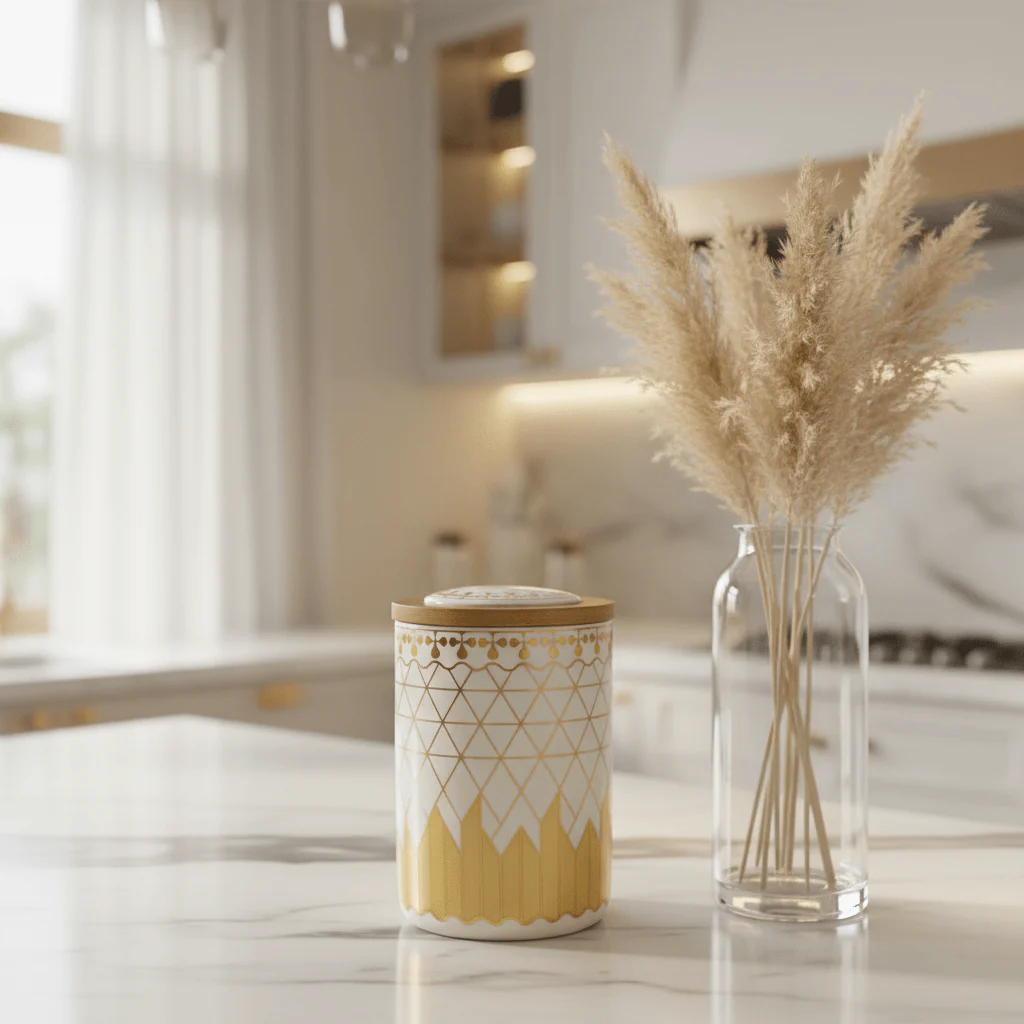 Cream & Gold Ceramic Canister with Wooden & Ceramic Lid | 15×10cm - Image 2