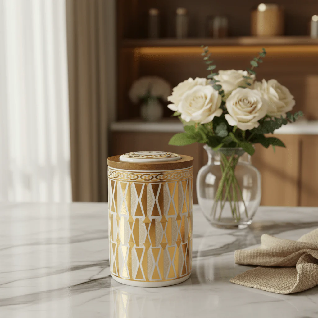 Cream & Gold Geometric Ceramic Canister with Lid | 15×10cm | Luxury Home Storage - Image 2