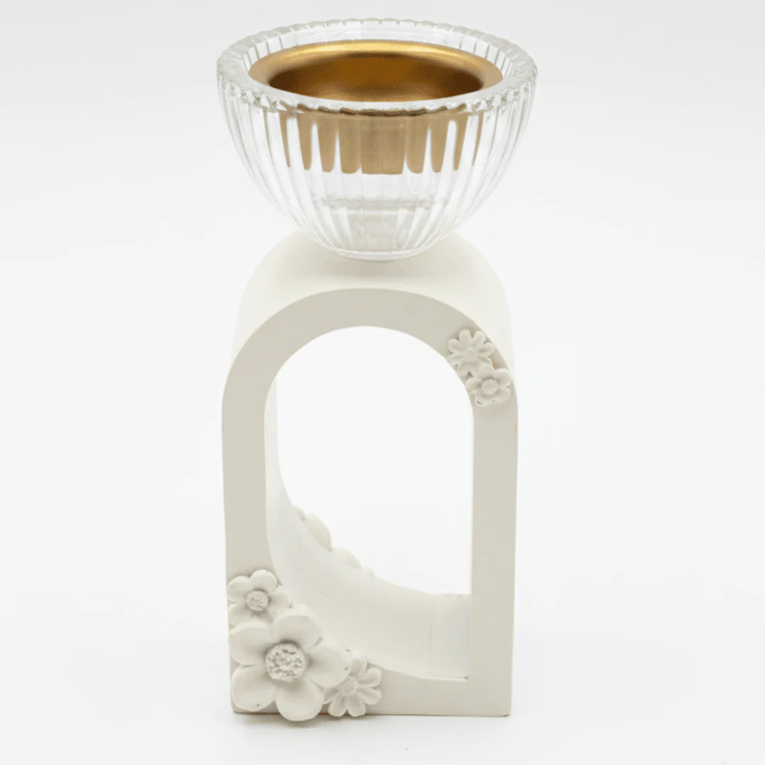 Cream Chalk & Crystal Glass Incense Burner | Floral Arch Design | 15cm