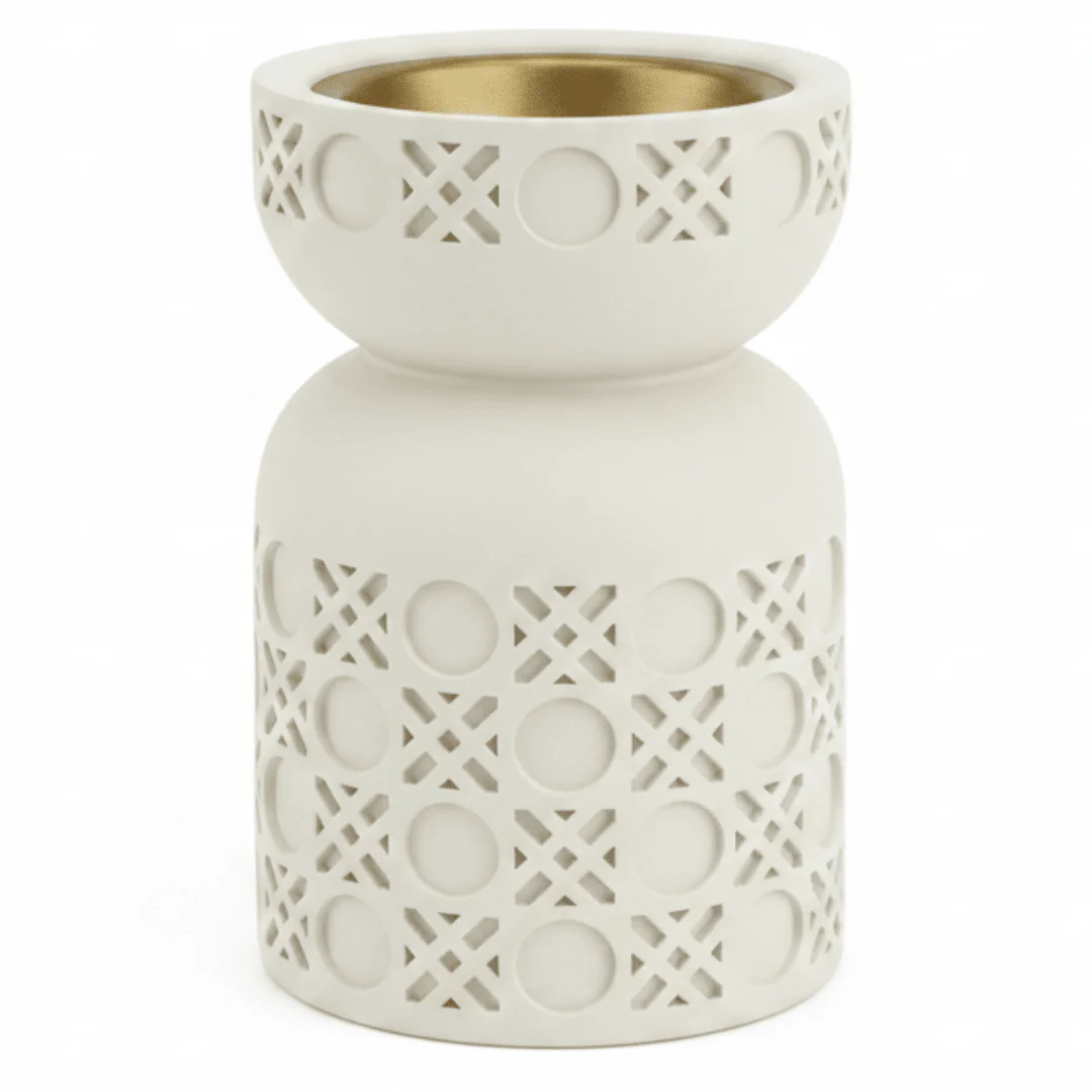 Cream Chalk Ceramic Incense Burner | Geometric Lattice Design | 10×6 cm