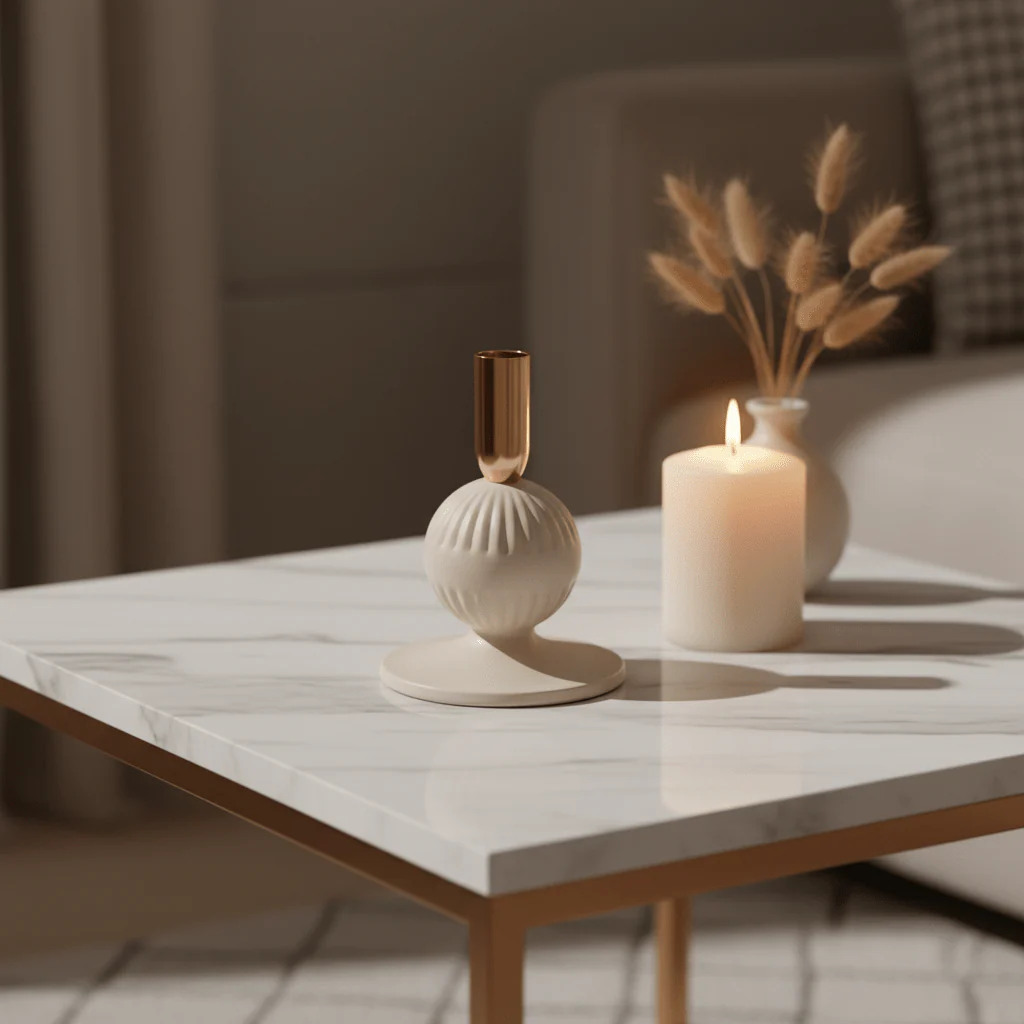 Cream & Rose Gold Elegant Metal Candle Holder – 15cm - Image 4