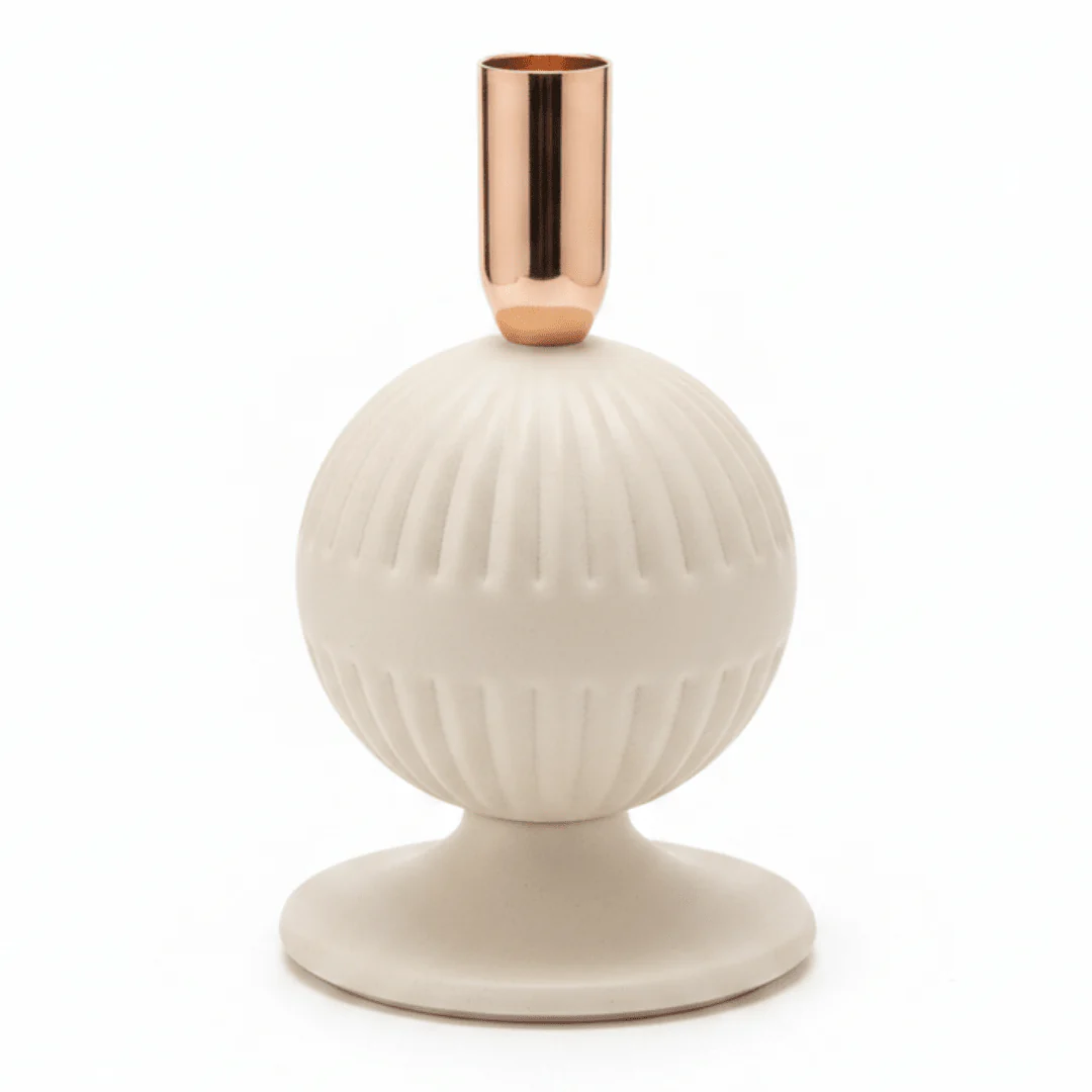 Cream & Rose Gold Metal Ribbed Candle Holder | Elegant Sphere Base | 18cm