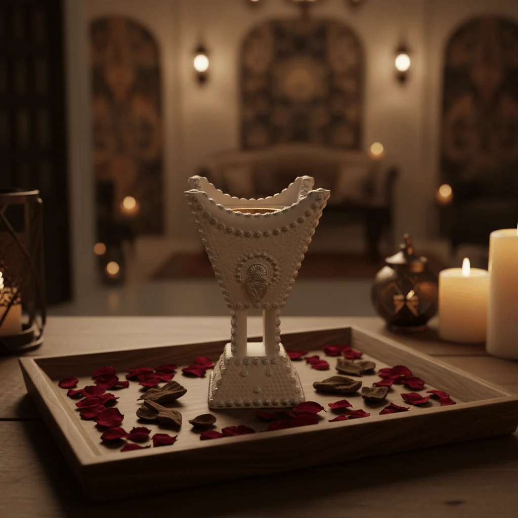 Cream & Silver Chalk Incense Burner | Arabic Majlis Bakhoor Holder | 13×8cm - Image 2