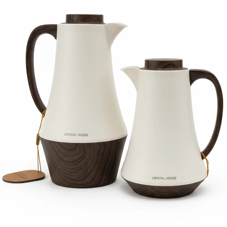 Crystal House Premium Vacuum Flask Set – 2 Pieces (0.6 & 1 Litre), Beige with Dark Wood Finish