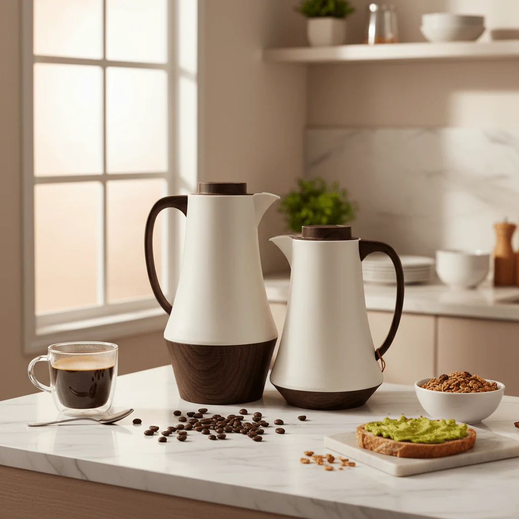 Crystal House Premium Vacuum Flask Set – 2 Pieces (0.6 & 1 Litre), Beige with Dark Wood Finish - Image 2