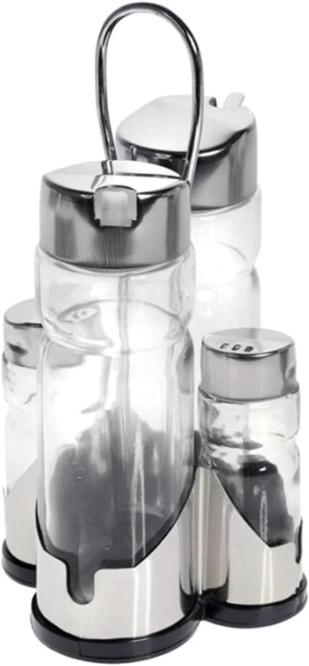 Cuisine Art 5-Piece Condiment Set - Stainless Steel Stand & Lids - Oil, Vinegar & Spice Jars