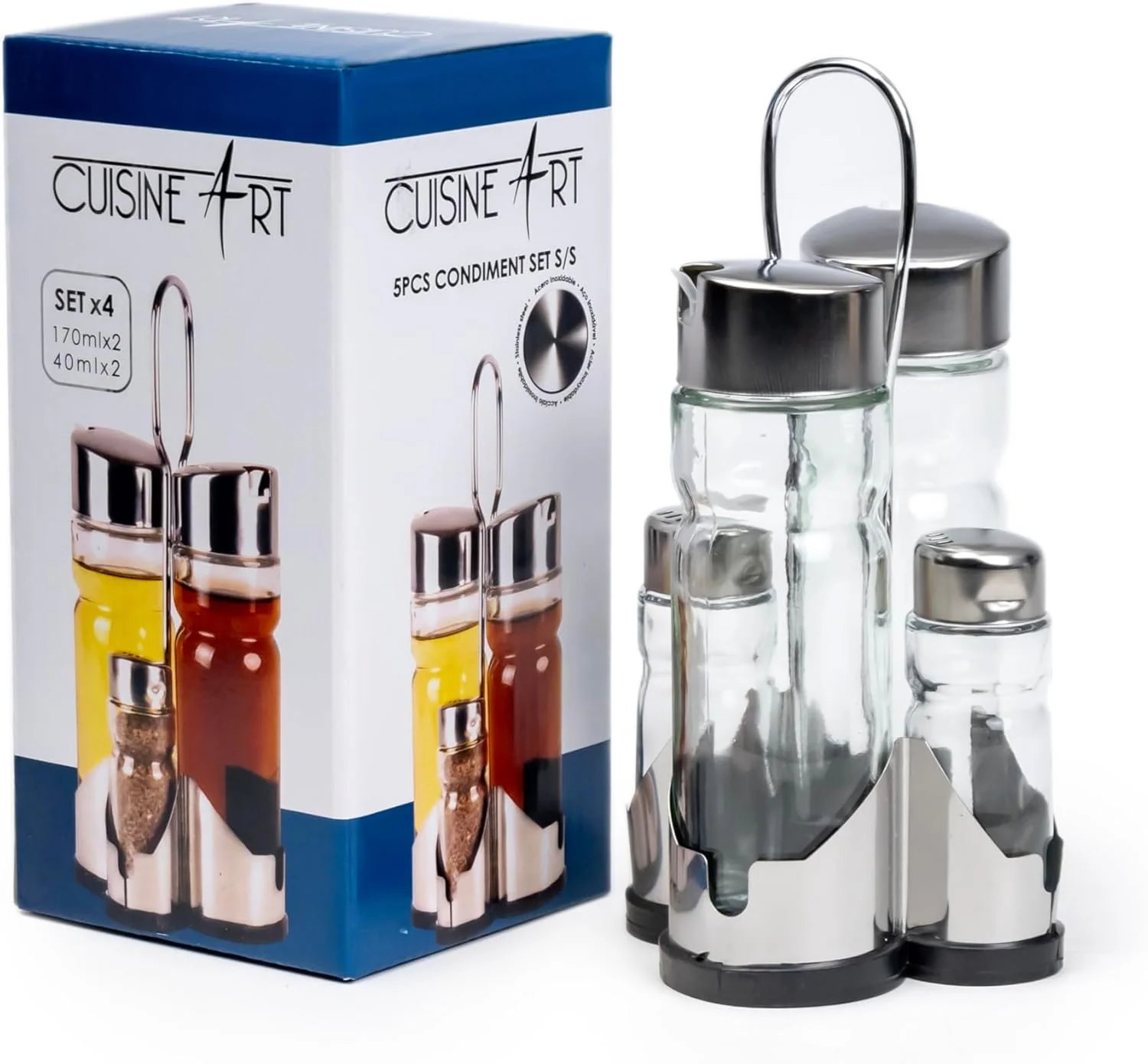 Cuisine Art 5-Piece Condiment Set - Stainless Steel Stand & Lids - Oil, Vinegar & Spice Jars - Image 2