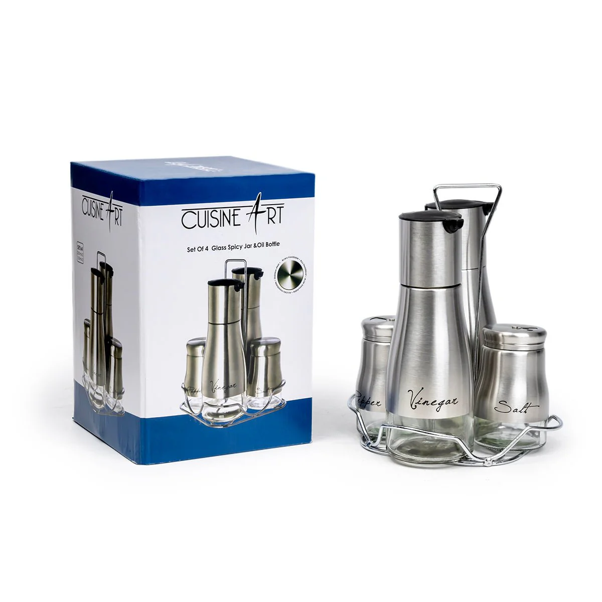 Cuisine Art Glass Spice Jar & Oil Bottle Set of 4 - Stainless Steel & Glass - Image 2