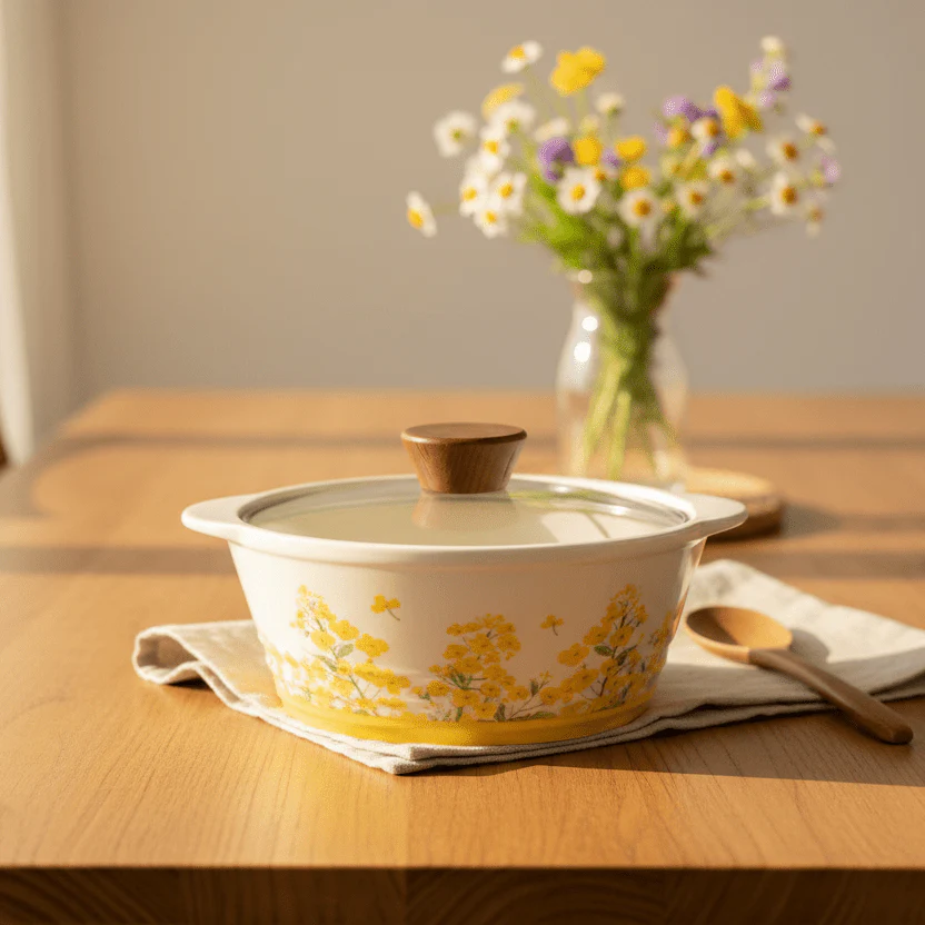 Decetime White Porcelain Soup Pot with Yellow Flower Design & Glass Lid | 850ml - Image 2