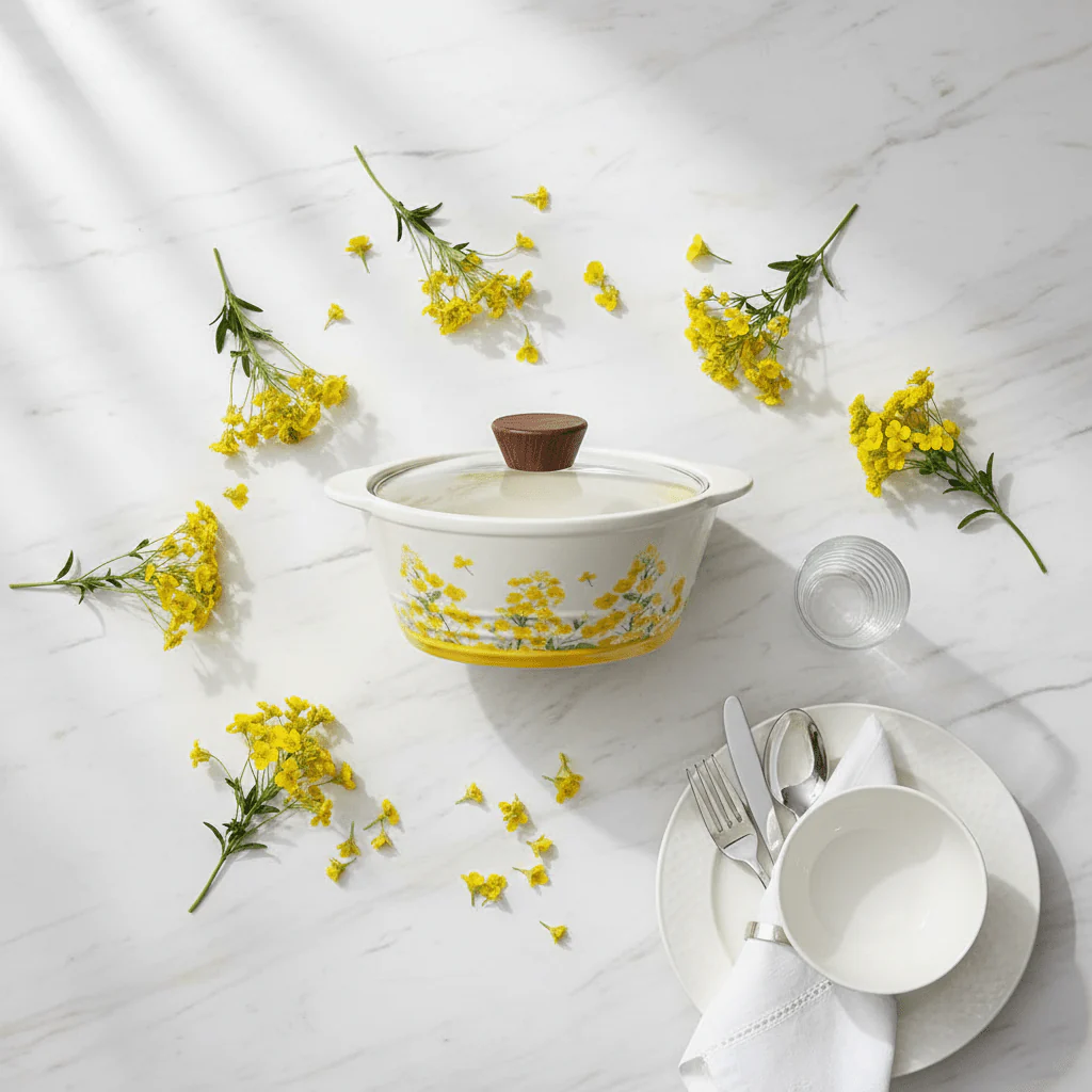 Decetime White Porcelain Soup Pot with Yellow Flower Design & Glass Lid | 850ml - Image 3