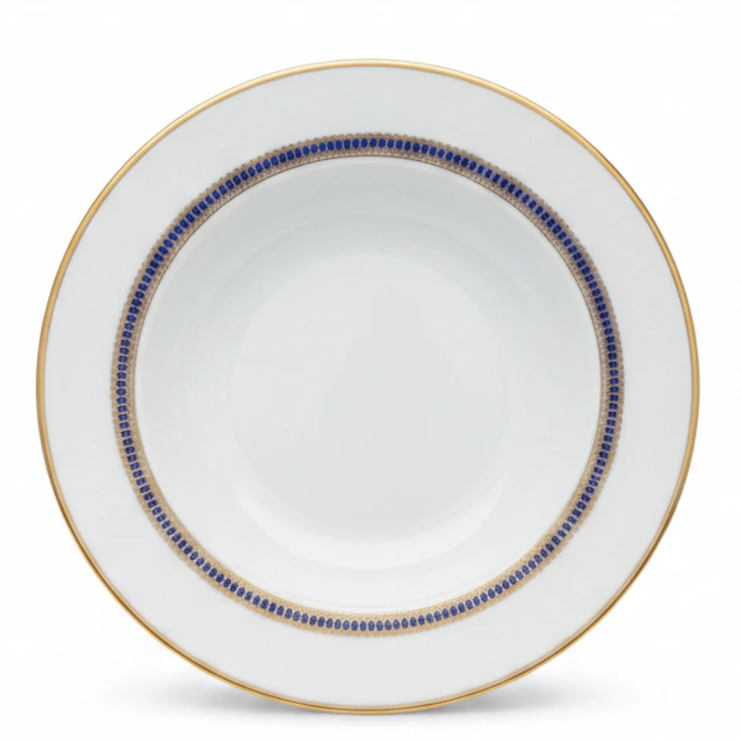 Decopor White Porcelain Soup Plate with Golden Rim & Cobalt Blue Design — 8.5 Inch