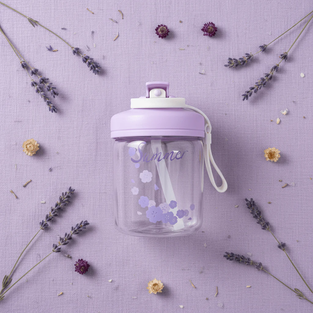 Delsoga Clear Glass Bottle with Straw & Purple Lid for Cold Drinks – 400 ml - Image 3