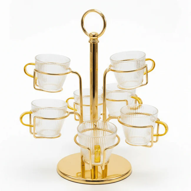 Deluxe Gold Metal Glass Cup Holder Set (6 Pieces) 30 cm Elegant Storage Rack for Cups & Glasses