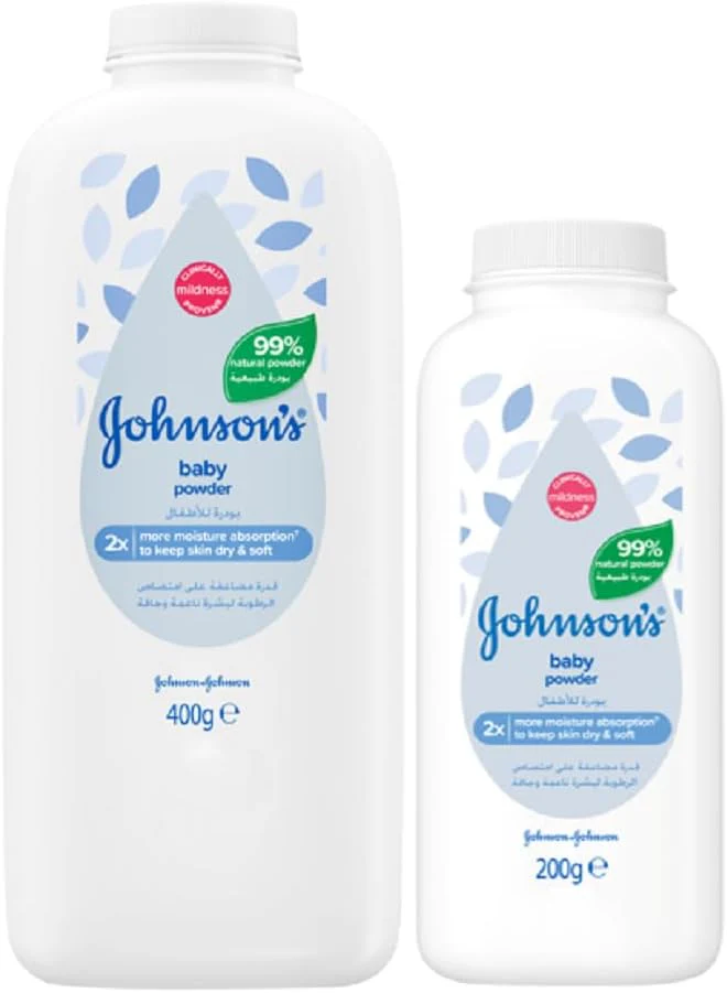 ohnson's Baby Powder – 99% Plant-Based Cornstarch, Talc-Free, Moisture-Absorbing & Skin-Protecting | Classic Baby Fragrance | 400g + 200g