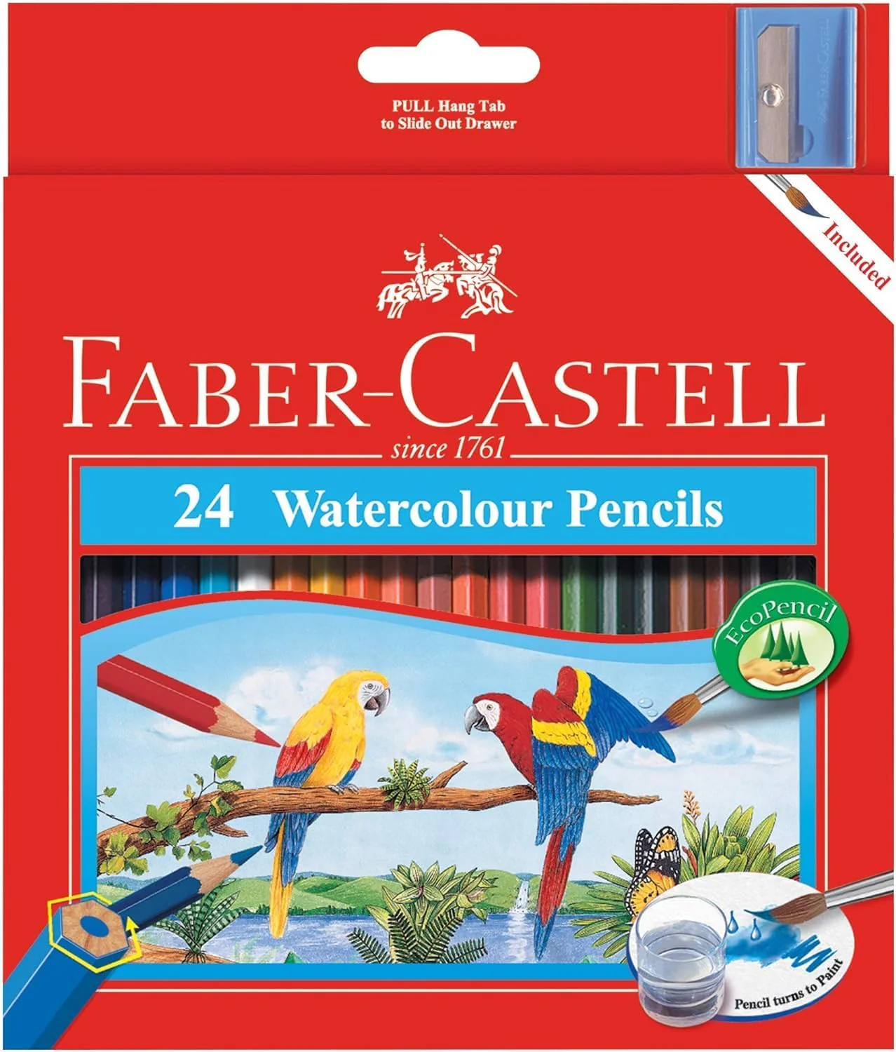 Faber-Castell Watercolour Pencils 24-Piece Set | Parrot Design Cardboard Box | Assorted Colours