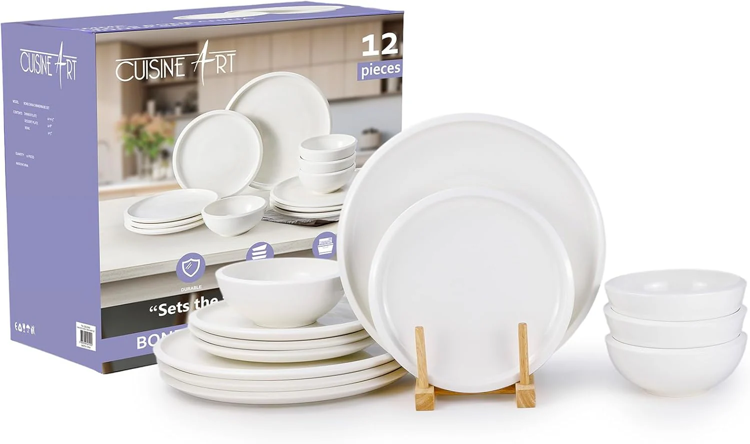 Cuisine Art EMME 12-Pc Bone China Dinnerware Set – Classic White | Premium Dinner Set with Dinner Plates, Dessert Plates & Bowls for Everyday Dining Perfect for 6 People for Ramdan, EID,Christamas - Image 2
