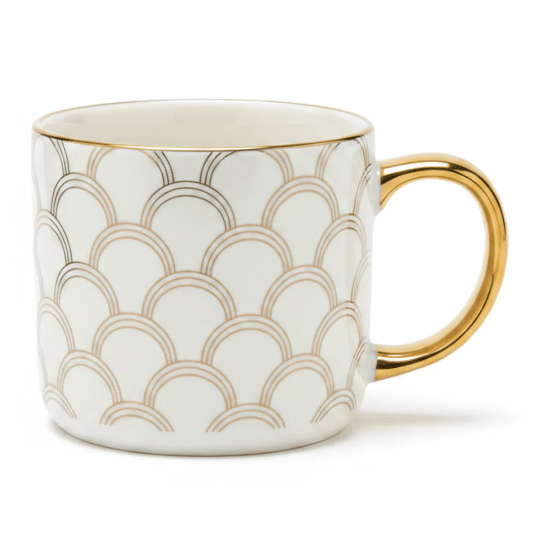 DH White Ceramic Mug with Golden Scallop Design & Gold Handle | 350ml