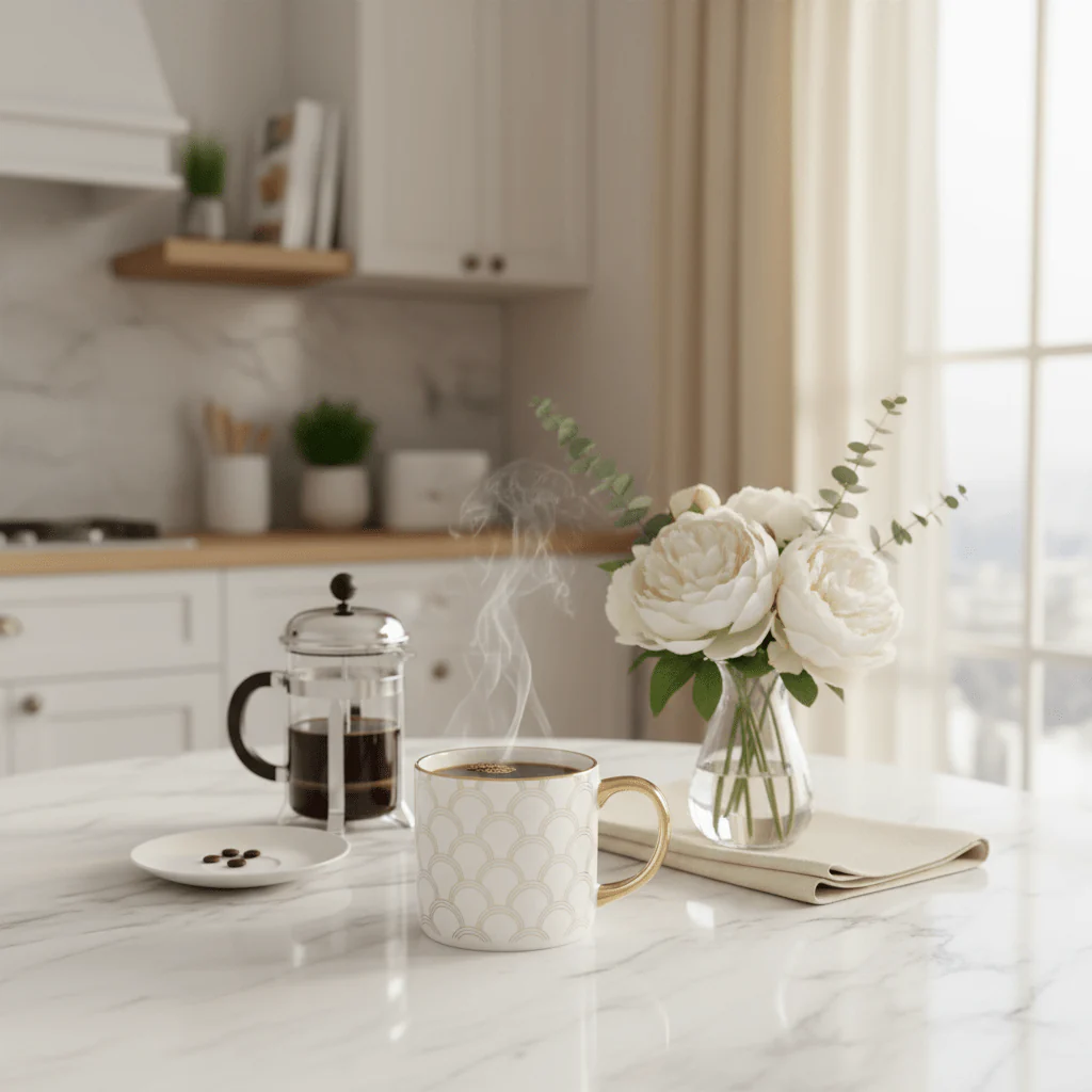 DH White Ceramic Mug with Golden Scallop Design & Gold Handle | 350ml - Image 2
