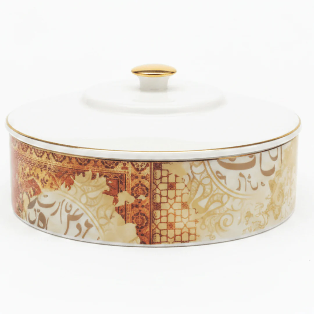 Dune Elegant White Ceramic Bowl with Arabic Pattern and Lid for Stylish Food Serving – 17.5 × 5 cm