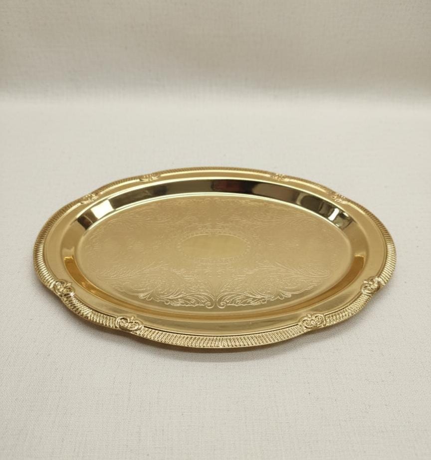 Edelolanz Gold Oval Shape Steel Tray 24×16 cm – Glossy Polished Finish, Lightweight & Durable, Perfect for Modern Table Settings