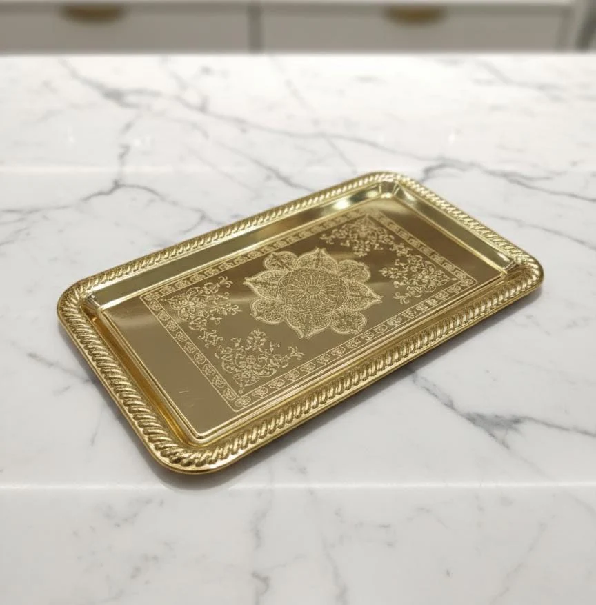 Edelolanz Gold Rectangular Steel Tray 34×20 cm – Premium Decorative Tray, Elegant Shine, Suitable for Tables, Events, or Displays