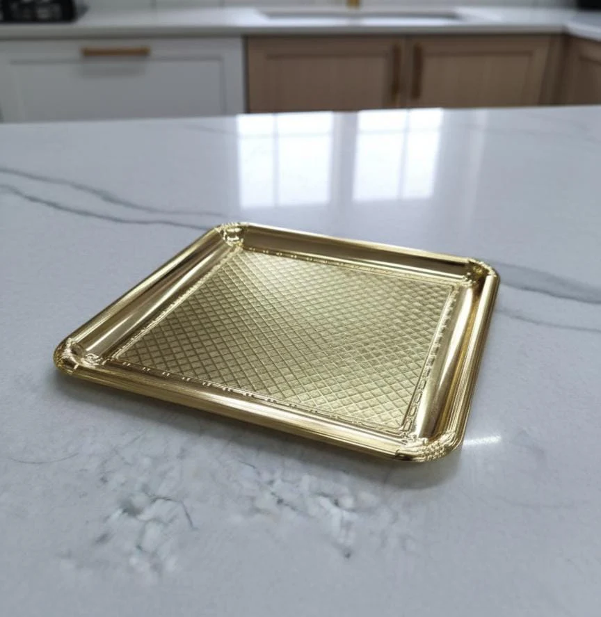 Edelolanz Gold Square Shape Steel Tray 23×23 cm – Stylish Geometric Design, Polished Finish, Ideal for Organizing or Display