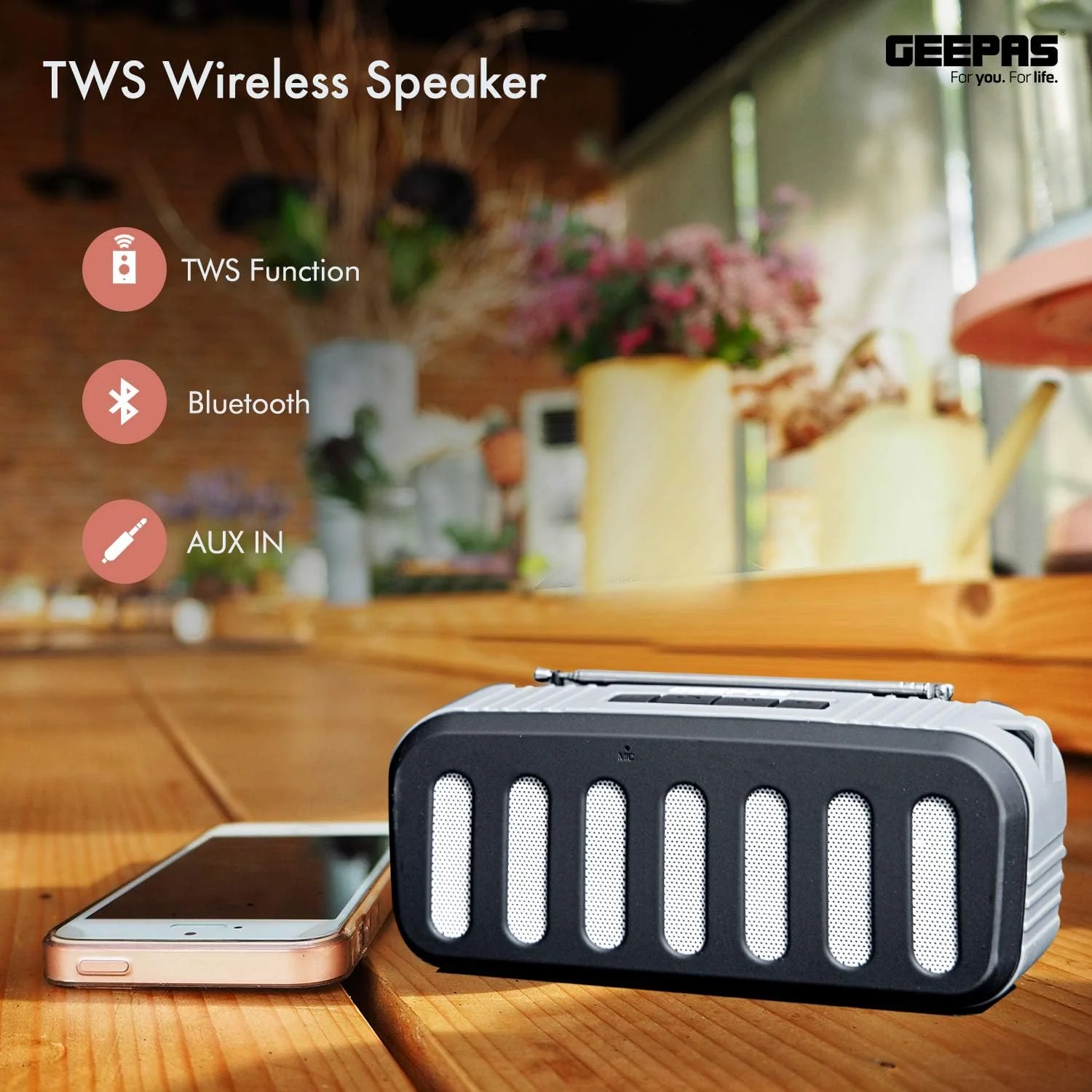 Geepas GMS11184 Bluetooth Rechargeable Speaker - Portable Wireless Speakers Long Hours Playtime 1200mAh Battery with Powerful Bass TF Card AUX USB Playback - Loud Speaker for Home Party Outdoor - Image 3