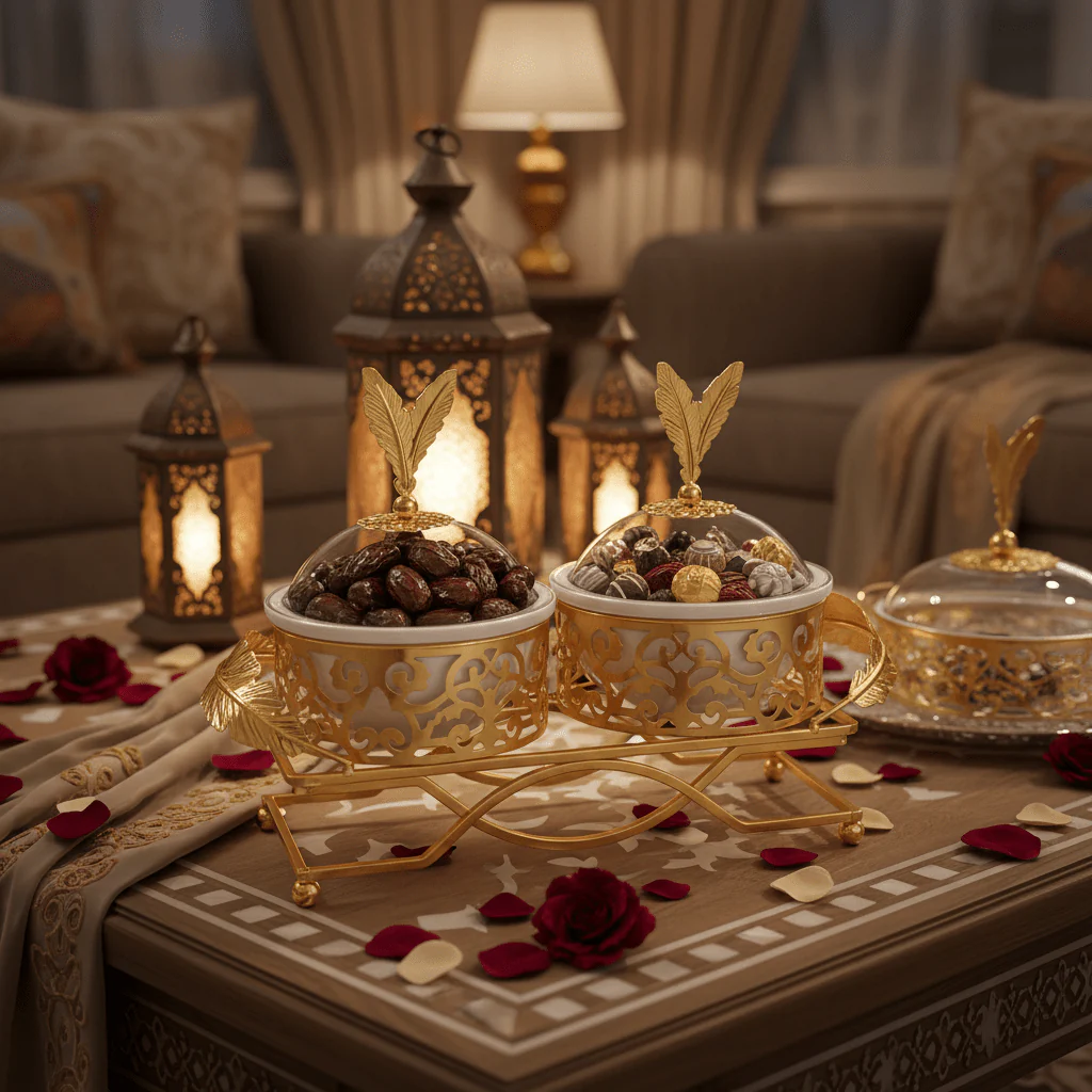 Elegant 2-Section White Ceramic Candy Bowl with Luxury Gold Metal Holder & Lid – Premium Serving Tray for Chocolates Snacks and Dry Fruits 25×12 cm - Image 3
