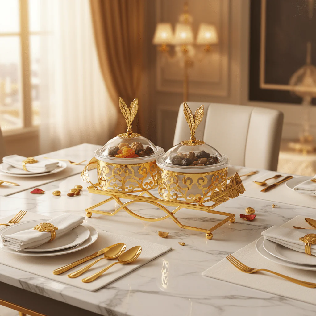 Elegant 2-Section White Ceramic Candy Bowl with Luxury Gold Metal Holder & Lid – Premium Serving Tray for Chocolates Snacks and Dry Fruits 25×12 cm - Image 4