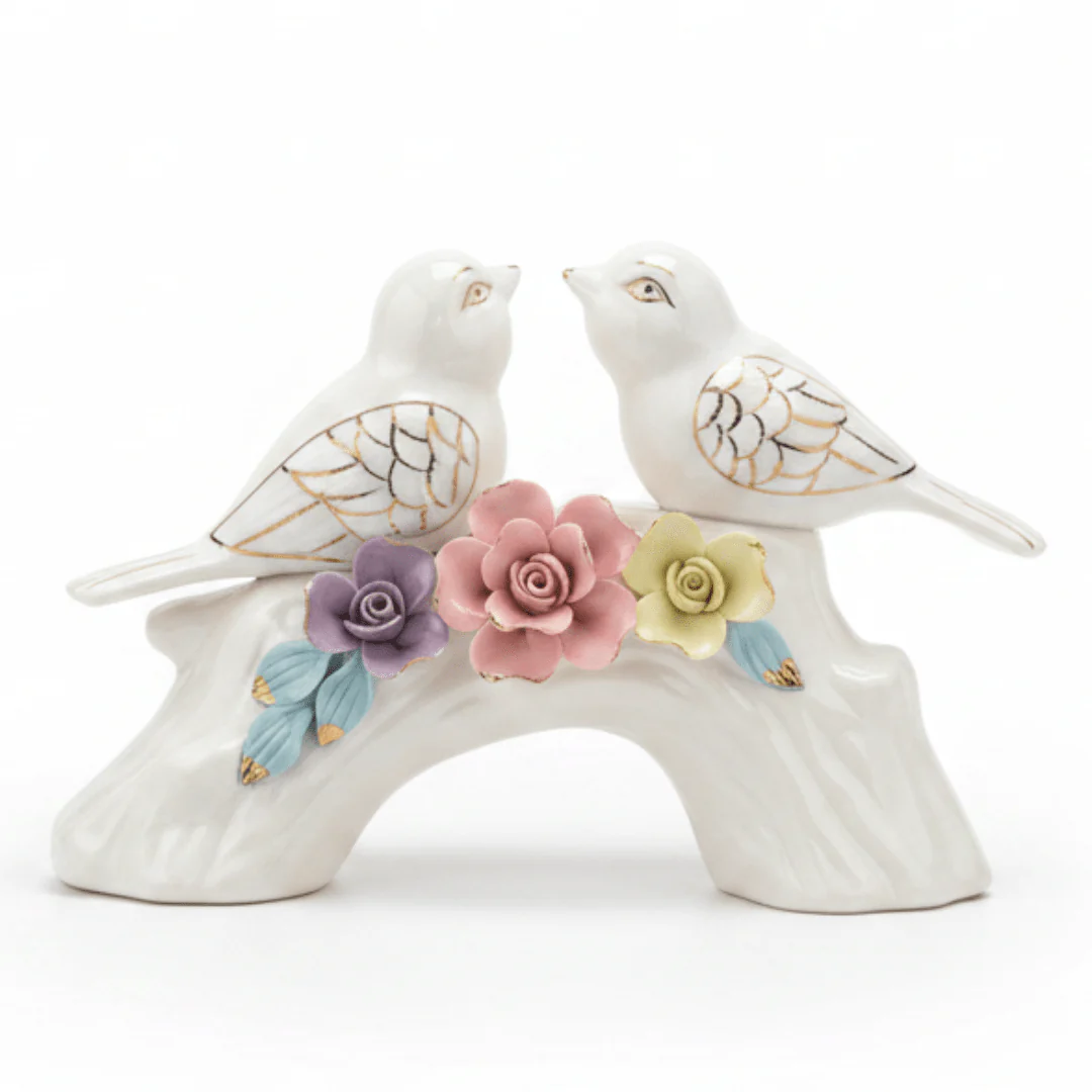 Elegant Floral Harmony White Ceramic Bird Pair Table Décor Showpiece for Living Room – 23×18cm