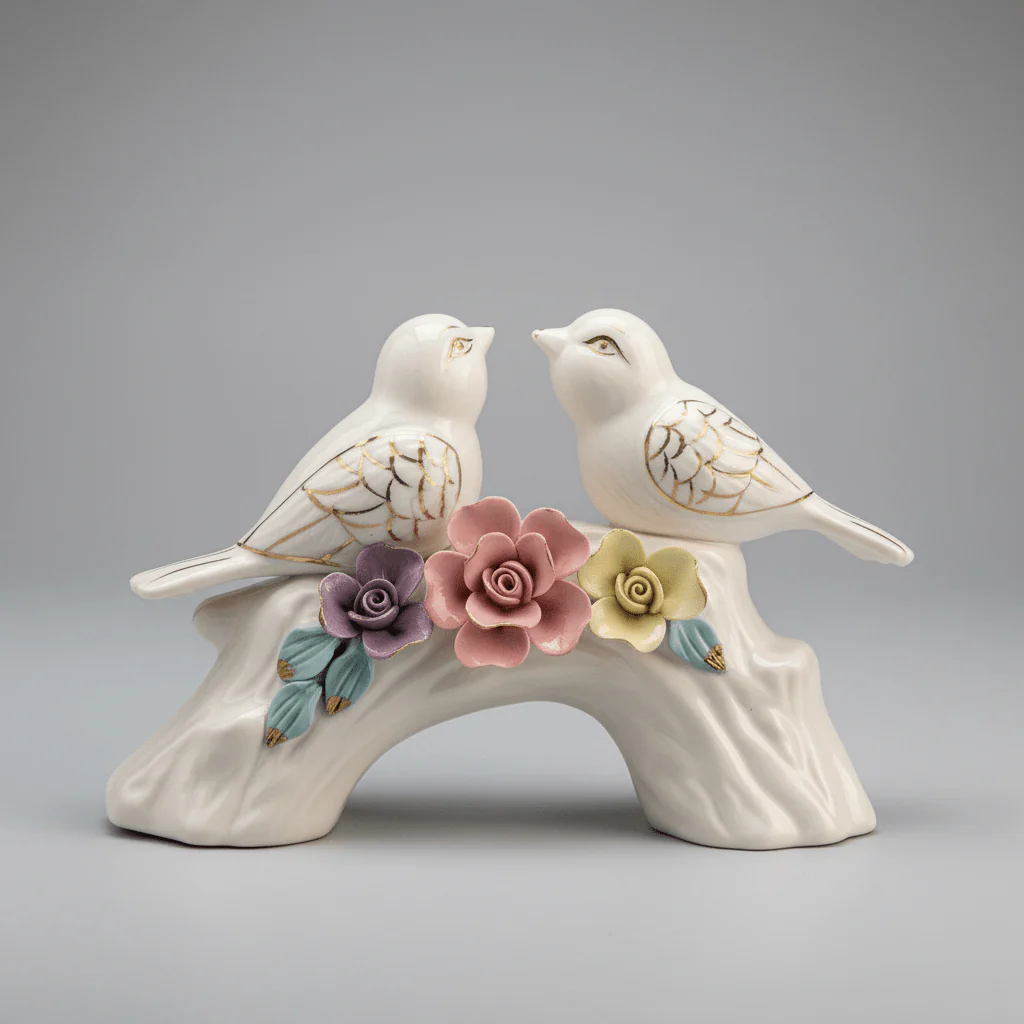 Elegant Floral Harmony White Ceramic Bird Pair Table Décor Showpiece for Living Room – 23×18cm - Image 3