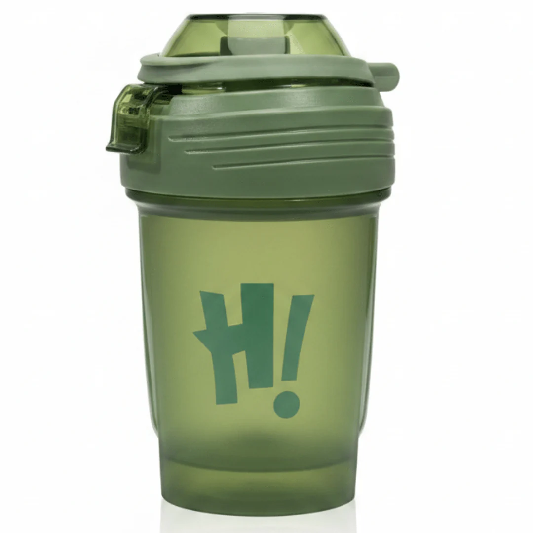 Elegant Green Plastic Drinking Bottle with Modern H! Print Pattern – 350 ml