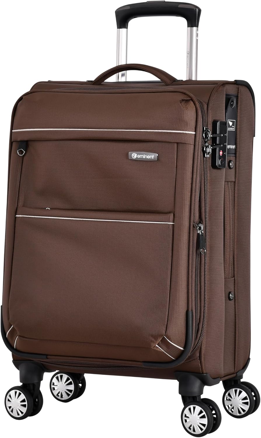 Eminent V6093SZ Expandable Soft Luggage Trolley – Polyester Carry-On Suitcase with TSA Lock & Double Spinner Wheels, Camel, 20-Inch