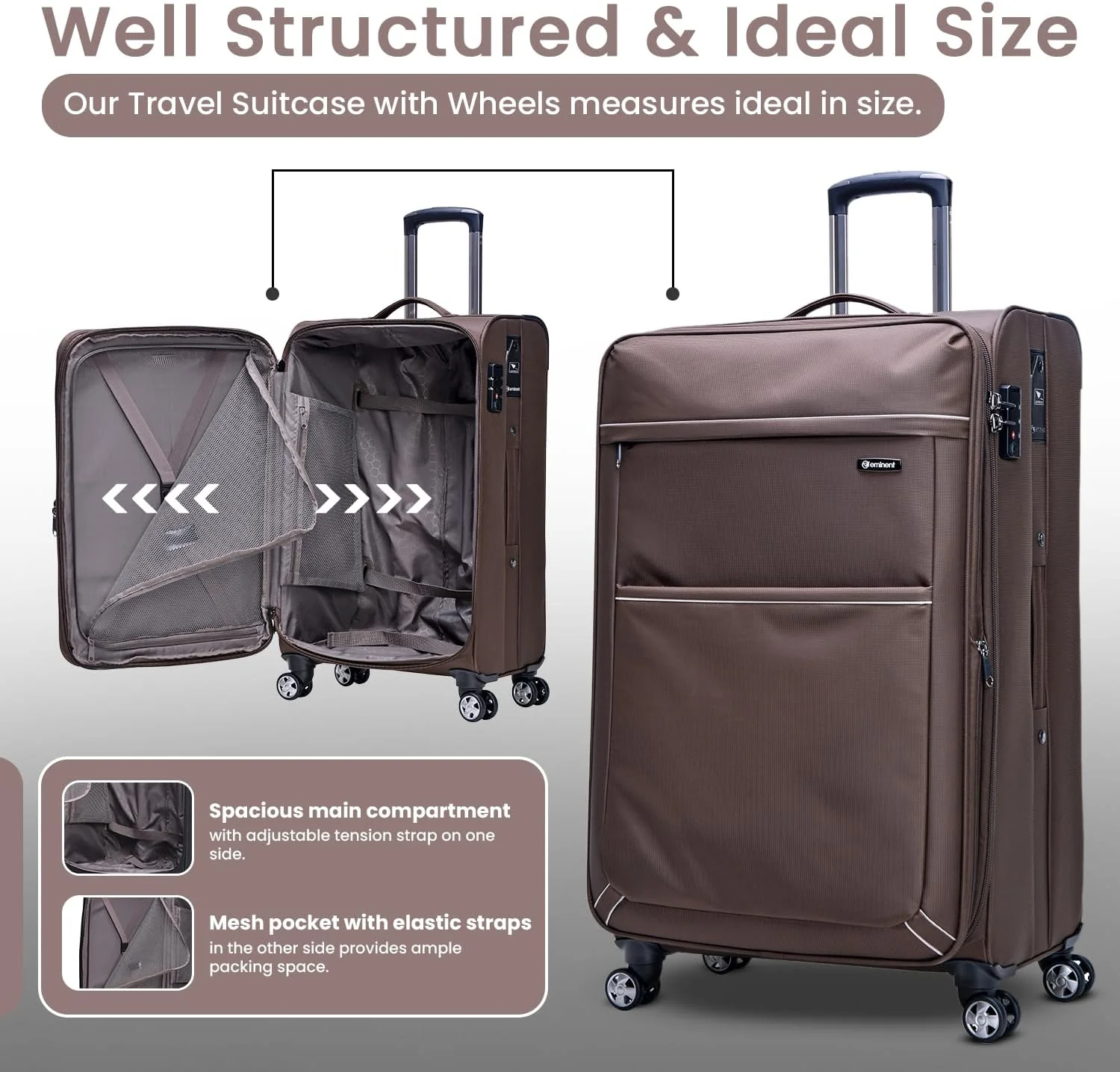 Eminent V6093SZ Expandable Soft Luggage Trolley – Polyester Carry-On Suitcase with TSA Lock & Double Spinner Wheels, Camel, 20-Inch - Image 4