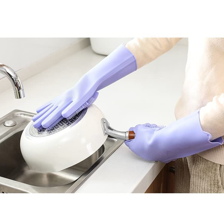 Enjoy Life 1 Pair Silicone Cleaning Gloves, Kitchen Gloves, Waterproof Dish Wash Scrubbing Gloves with Bristles, Purple - Image 4