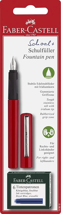 Faber-Castell Fountain Pen Red Design Medium Nib + 6 Blue Ink Cartridges