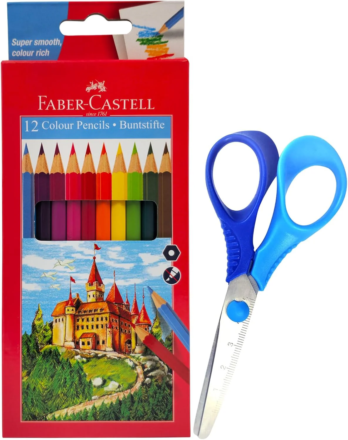 Faber-Castell school essentials, Colour Pencil 12 Colours + Child Scissors Assorted 5 Inches