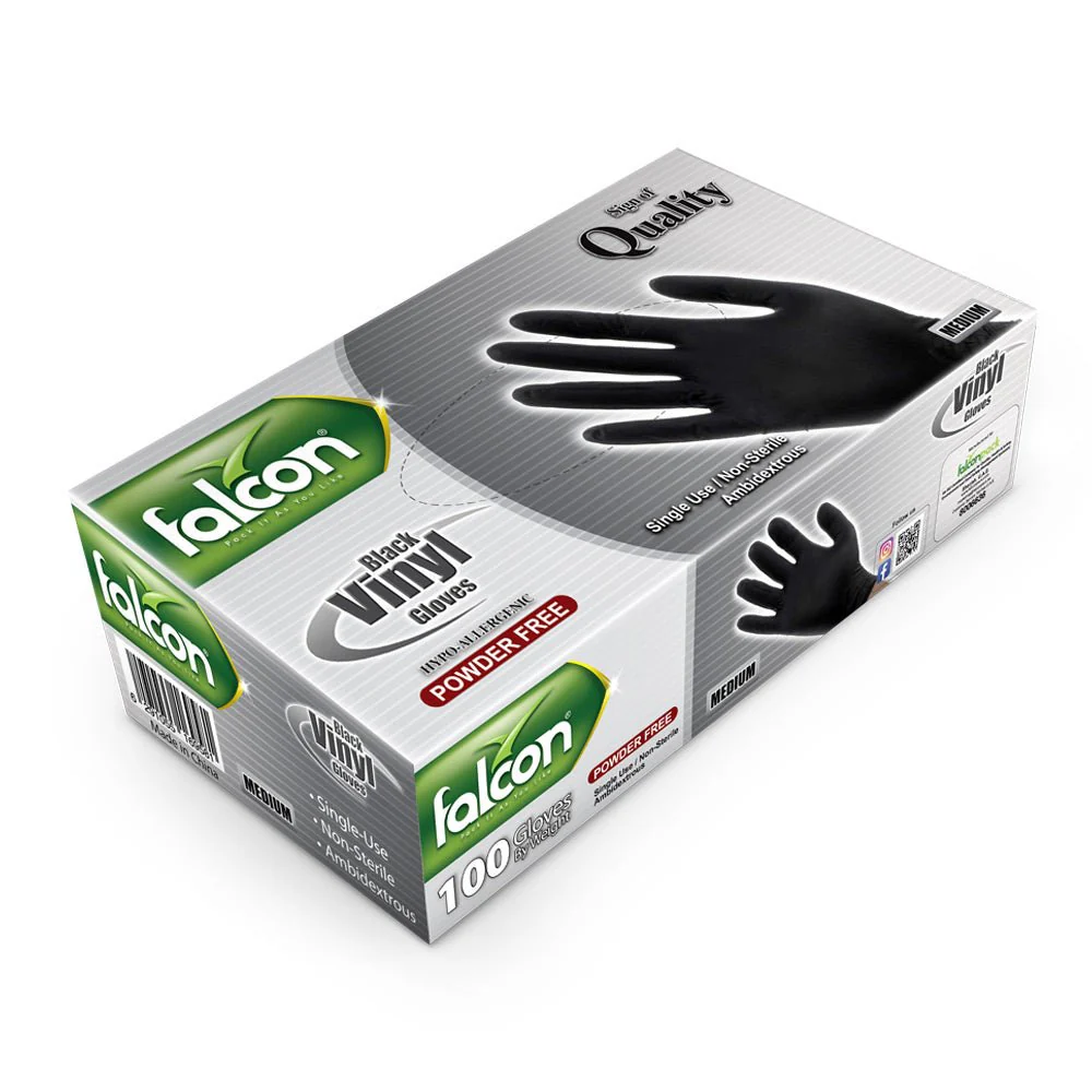 Falcon Powder Free Black Vinyl Gloves, Single Use- Non Sterile-Ambidextrous, 100 Gloves by Weight, Medium