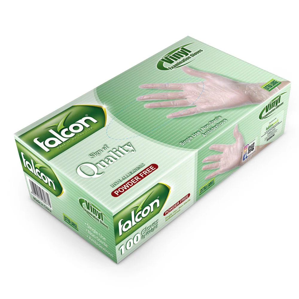 Falcon Powder Free Vinyl Examination Gloves, Single Use- Non Sterile-Ambidextrous, 100 Gloves by Weight, Extra Large