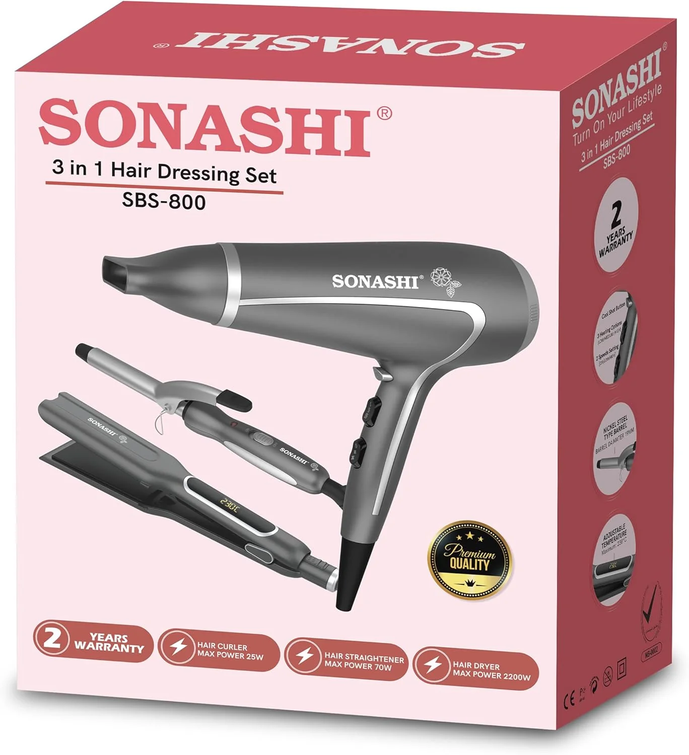 Sonashi 3 in1 Hair Dressing Set With Hair Dryer Hair Straightener And Hair Curler Featured With Ceramic Plates Wet And Dry Function Light Indicator 360 Swivel SBS-800 Grey - Image 5