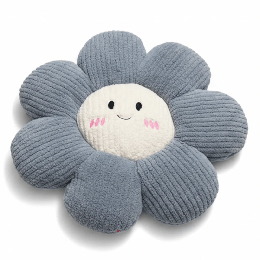 Flower Corduroy Smiley Face Cushion - 45×45cm - Grey / Sage Green / Purple