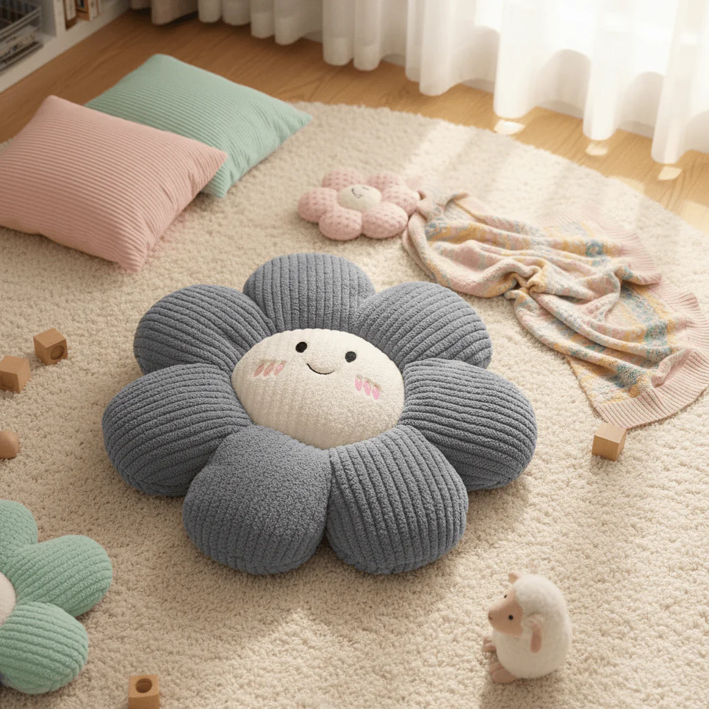 Flower Corduroy Smiley Face Cushion - 45×45cm - Grey / Sage Green / Purple - Image 2