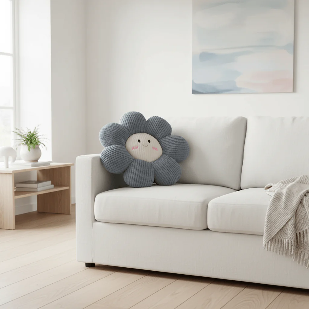 Flower Corduroy Smiley Face Cushion - 45×45cm - Grey / Sage Green / Purple - Image 3