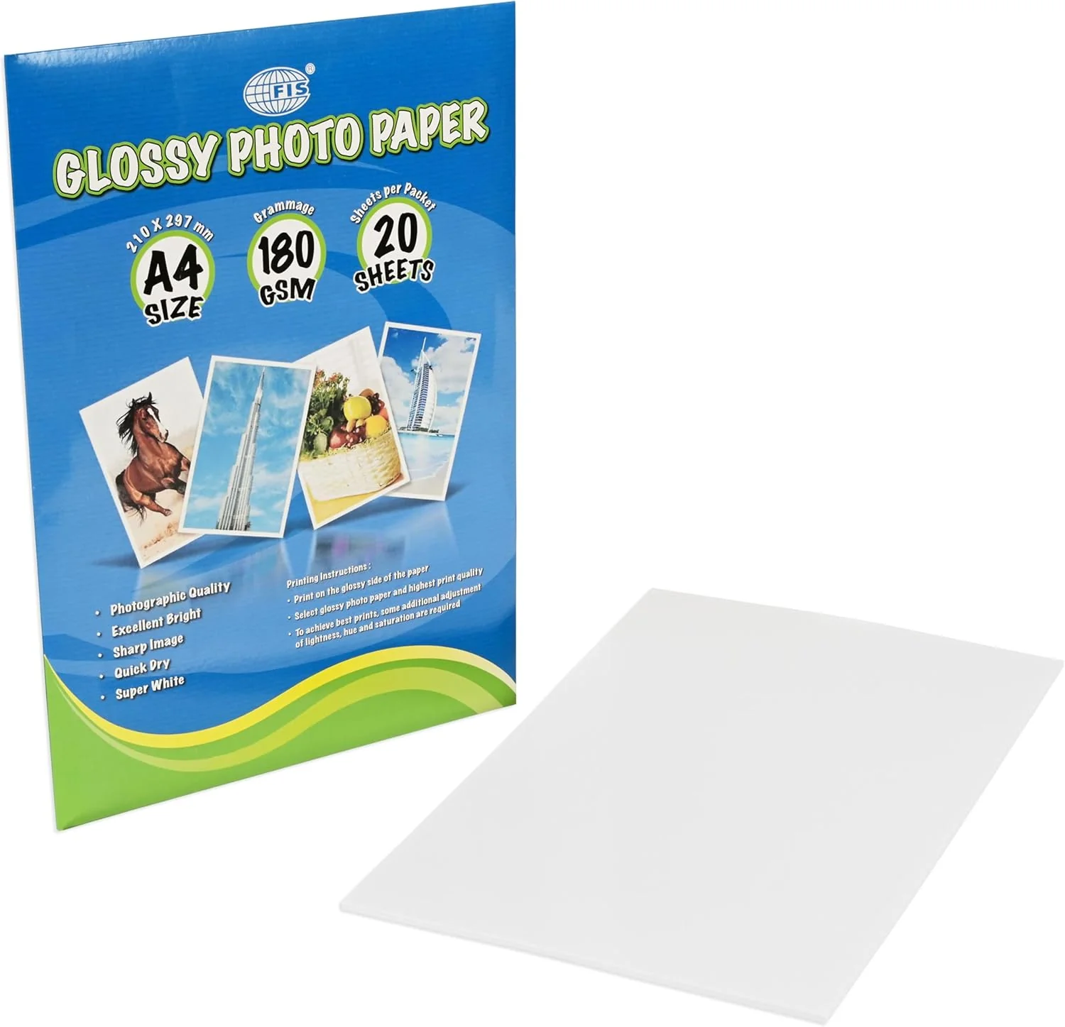 FIS Glossy Photo Paper A4 | 180 GSM | 20 Sheets | FSPAGP18020N