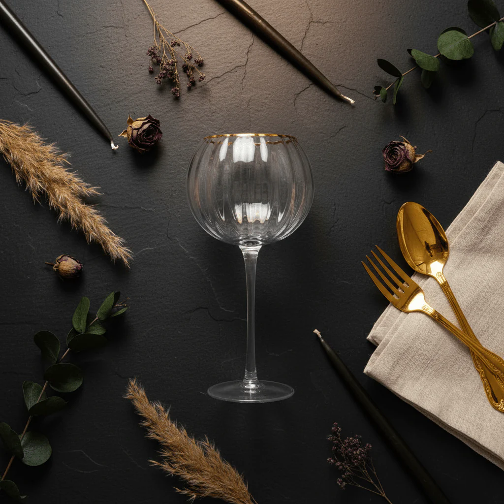 Ribbed Crystal Balloon Goblet with Gold Rim — 250ml - Image 4